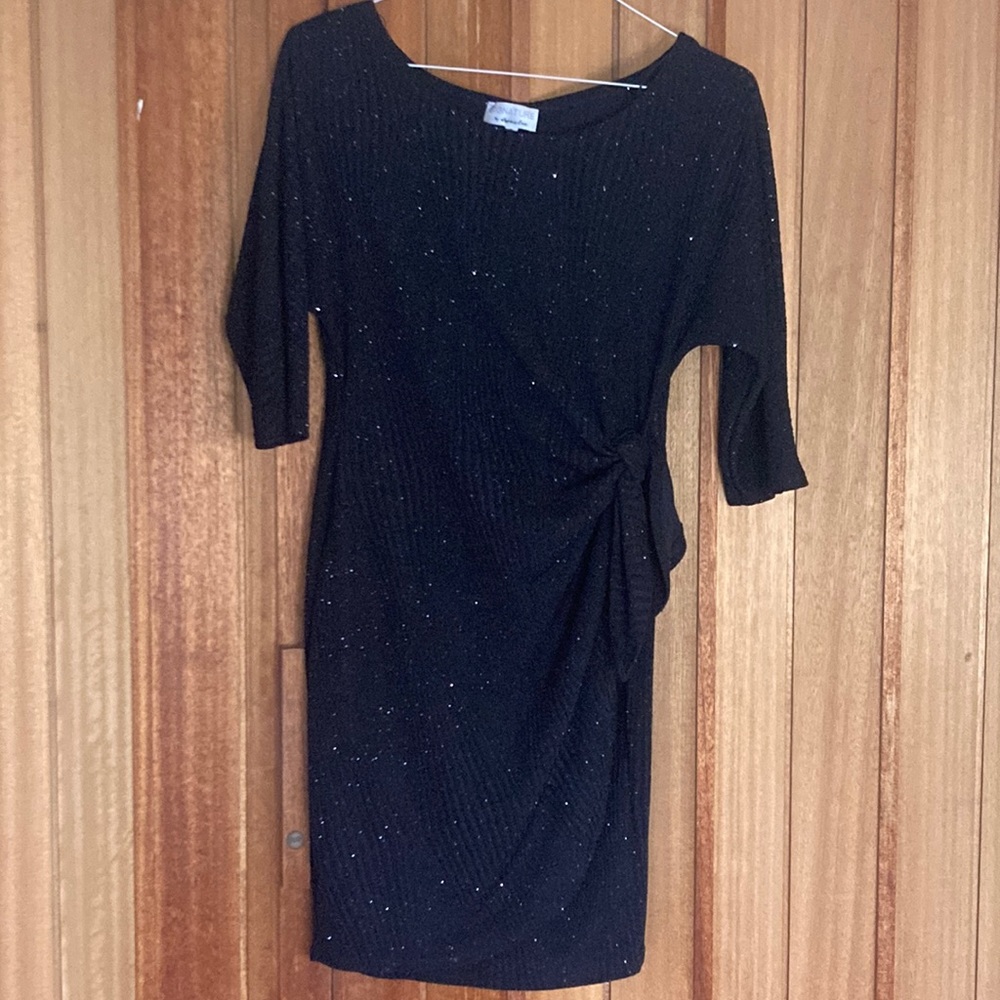 Black ribbed sparkly faux wrap dress